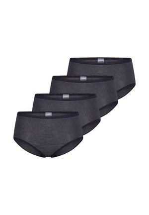 Fire mørkegrå dameunderbukser med tynde, vandrette hvide striber, arrangeret i en forskudt stak på en hvid baggrund.