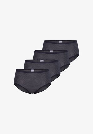 Quatre culottes pour femmes gris foncé avec de fines rayures blanches horizontales, disposées en pile décalée sur un fond blanc.