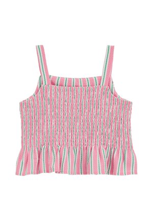 Top corto a righe rosa, bianco e verde con sottili spalline e orlo arricciato, tessuto testurizzato.