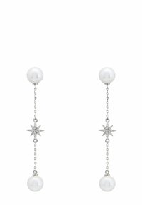 Pendientes de cadena de plata con perlas blancas y acentos en forma de estrella. El diseño incluye un estilo colgante con elementos enlazados.
