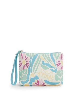 Piccola pochette rettangolare da polso con cinturino blu, motivo floreale in rosa pastello, verde, blu e giallo e testo "A'MARE" sul davanti.