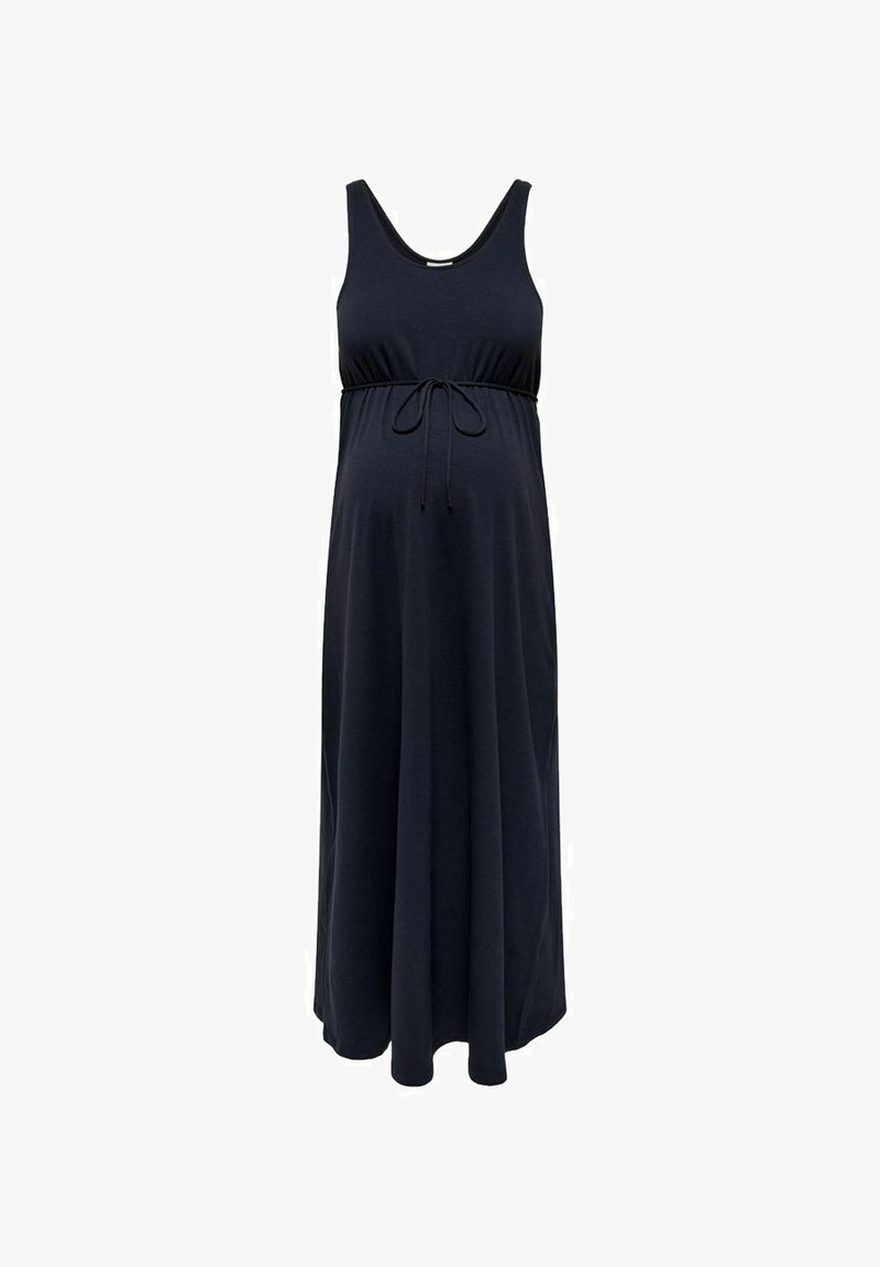 Robe maxi de maternité noire sans manches avec encolure ronde et ceinture ajustable à nouer sous la poitrine.