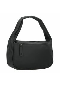 Sac à épaule en cuir noir avec une poignée supérieure incurvée, une poche avant zippée et une surface douce et texturée. Présente des bords arrondis et un matériel minimal.