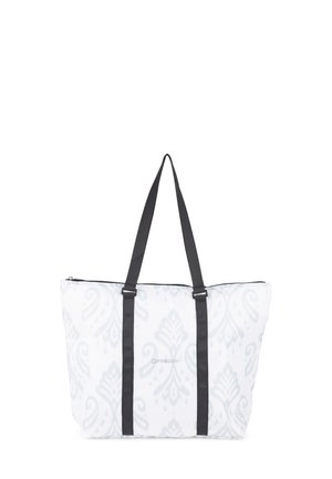 Grand sac fourre-tout en tissu blanc avec un motif gris clair, doté de poignées en sangle noire et d'une fermeture éclair en haut.