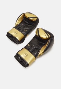 Black and gold boxing gloves with a glossy finish. Featuring padded interiors, curved shapes, and Velcro wrist straps for secure fit.