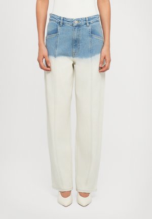 Light-colored wide-leg jeans featuring a blue denim gradient effect from the waist to mid-thigh, with front pockets and visible stitching.