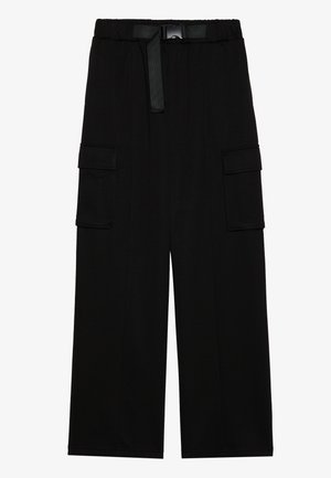 Black cargo pants featuring a wide-leg design, elastic waistband with a belt, and two large side pockets for storage.