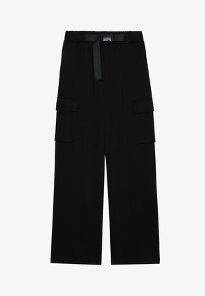 Black cargo pants featuring a wide-leg design, elastic waistband with a belt, and two large side pockets for storage.