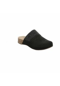 Black suede slip-on shoe with a gray felt upper, rounded toe, cork sole, and textured detailing on the side.