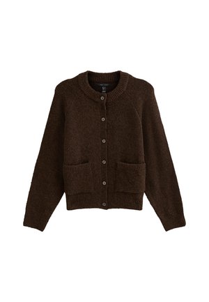 Brown knitted cardigan with a round neckline, six buttons down the front, and two patch pockets at the waist. Soft texture and relaxed fit.
