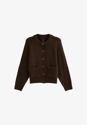 Brown knitted cardigan with a round neckline, six buttons down the front, and two patch pockets at the waist. Soft texture and relaxed fit.
