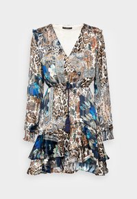 Robe à imprimé floral et animalier avec décolleté plongeant en V, manches longues, ourlet à volants et taille à cordon bleu. Confectionnée en tissu léger.