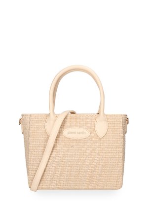 Beige geweven totebag met afgeronde handvatten en een afneembare schouderband, met een gestikt ovaal label met de merknaam "pierre cardin".