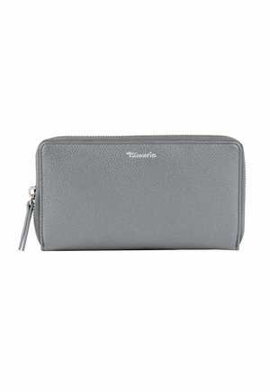 Grey leather wallet with a textured finish, zip closure, and embossed brand name on the front. Slim rectangular shape with a zipper pull.