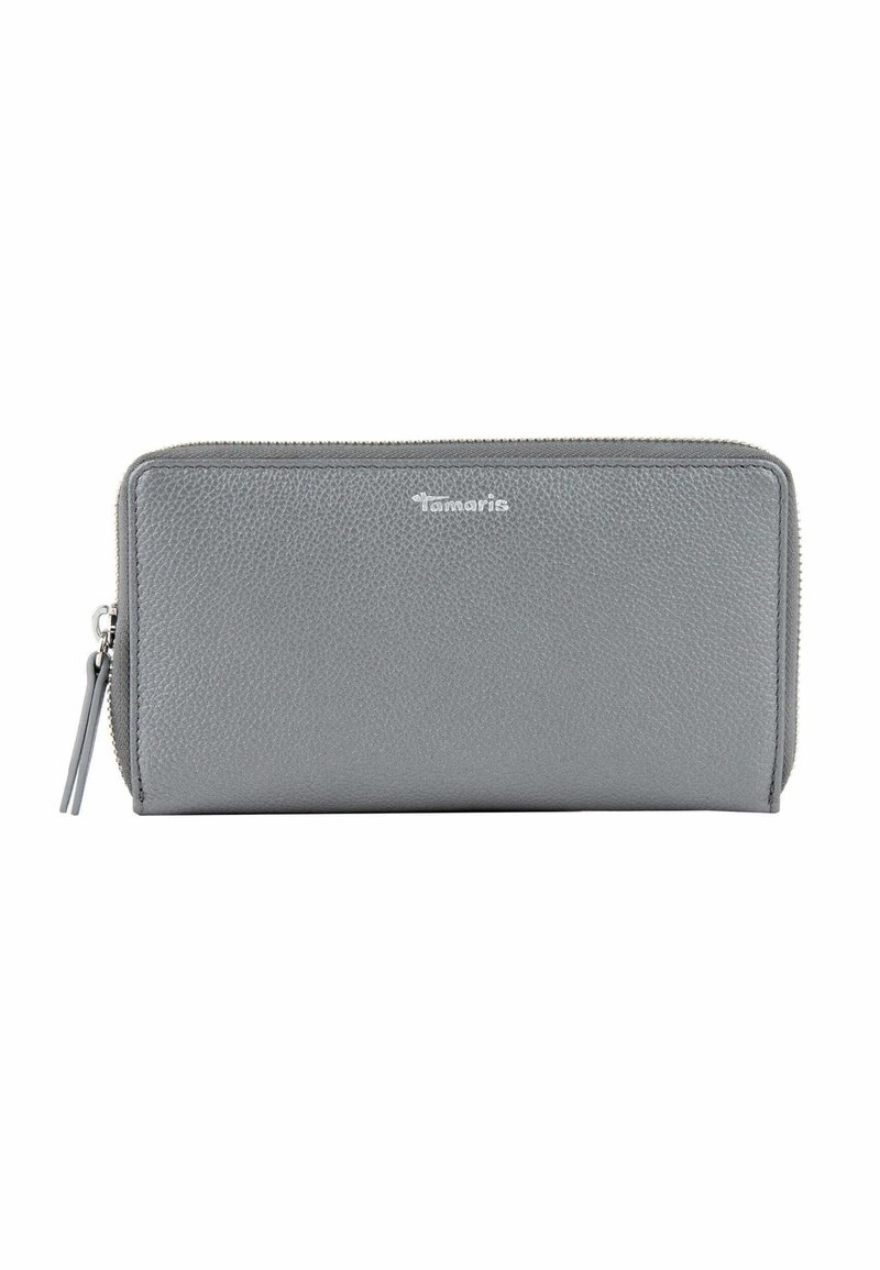 Grey leather wallet with a textured finish, zip closure, and embossed brand name on the front. Slim rectangular shape with a zipper pull.