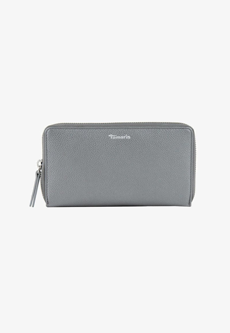 Szary skórzany portfel o teksturowanym wykończeniu, z zamknięciem na zamek błyskawiczny i wytłoczonym logo na froncie. Cienki prostokątny kształt z przywieszką do zamka.