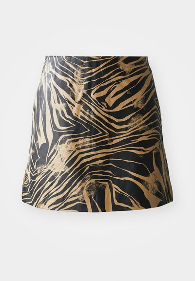 Mustan ja kullanvärisen hameen zebra-raita-kuvio, joka on valmistettu sileästä materiaalista ja jossa on tiivis muotoilu sekä korkea vyötärö.
