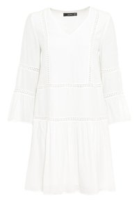 Vit klänning med V-ringning, klockärmar och dekorativ sömnad. Tyget är slätt med en utsvängd nederkant och lagerdesign.