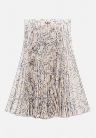 Midi φούστα με πιέτες, σε μπεζ και γκρι κυκλικό floral μοτίβο και λεπτομέρεια με χρυσό κούμπωμα στη μέση.
