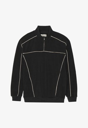 Pulover negru din fleece cu guler înalt, fermoar pe un sfert și accente din cusături albe. Prezintă o croială lejeră și manșete ribbate.
