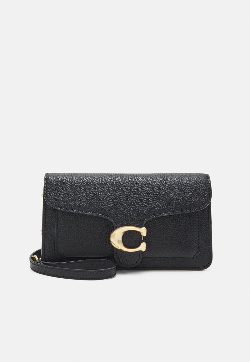 Black leather wallet with a textured finish, featuring a gold-tone clasp and a detachable strap. Compact, rectangular shape with stitched accents.