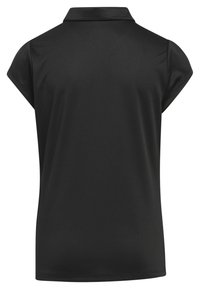 Zwarte polo met korte mouwen, voorzien van een kraag en gemaakt van een gladde, textuurachtige stof. Eenvoudig ontwerp zonder zichtbare hardware of patronen.