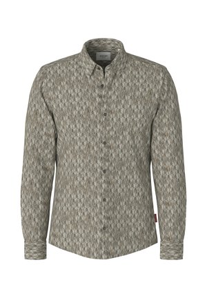 Herren-Langarmhemd zum Knöpfen mit grauem und beigem abstract Ovalmuster und klassischem Kragen.