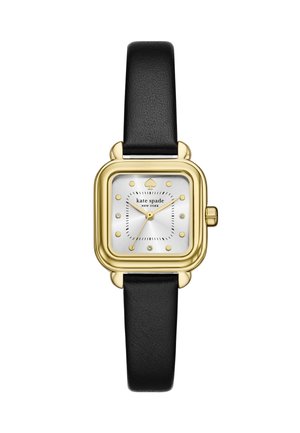 Square gold watch with a textured white dial, black leather strap, and gold accents. Features 12 dot markers and the brand name.