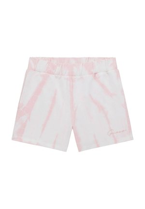 Hvide og pink tie-dye elastiske taljebånds-shorts med et lille kursivt logo på det nederste højre ben.