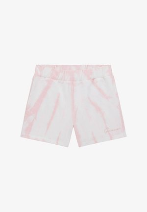 Białe i różowe szorty z gumką w talii w stylu tie-dye, z małym kursywnym logo na dolnej prawej nodze.