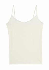 Kremowa koszulka na cienkich, regulowanych ramiączkach, z dekoltem w kształcie litery V i gładkiej, lekkiej tkaniny. Prosty design, bez widocznych wzorów czy zdobień.