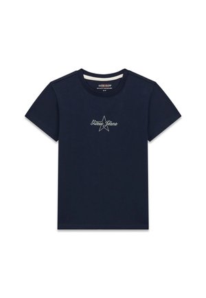T-shirt di cotone blu navy con maniche corte, scollo rotondo e logo "Guess Jeans" ricamato in bianco all'interno di un disegno a stella sulla parte anteriore.