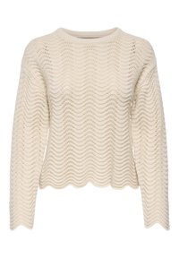 Pull en tricot beige à manches longues avec un motif ajouré ondulé et des bordures festonnées sur l'ourlet, les poignets et l'encolure.