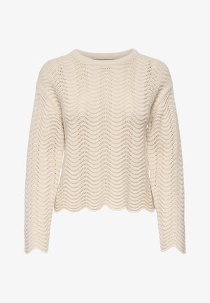 Beige gebreide trui met lange mouwen, voorzien van een golvend opengewerkt patroon en gegolfde randen aan zoom, manchetten en halslijn.