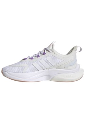 White athletic shoes with a textured upper, light gray accents, purple laces, and a cushioned sole. Features three horizontal stripes.