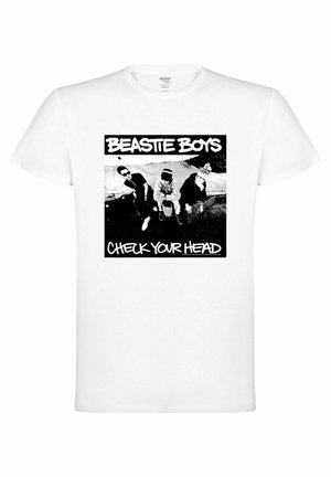 White cotton t-shirt featuring a black and white graphic print of three figures, with "BEASTIE BOYS" and "CHECK YOUR HEAD" in bold text.
