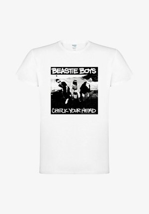 Weißes Baumwoll-T-Shirt mit einem schwarz-weißen grafischen Druck von drei Figuren, mit "BEASTIE BOYS" und "CHECK YOUR HEAD" in fettem Text.