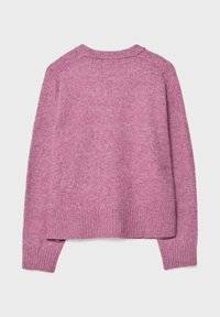 Pull doux à manches longues et col rond de couleur rose pâle avec poignets et ourlet côtelés, vu de dos sur un fond uni.