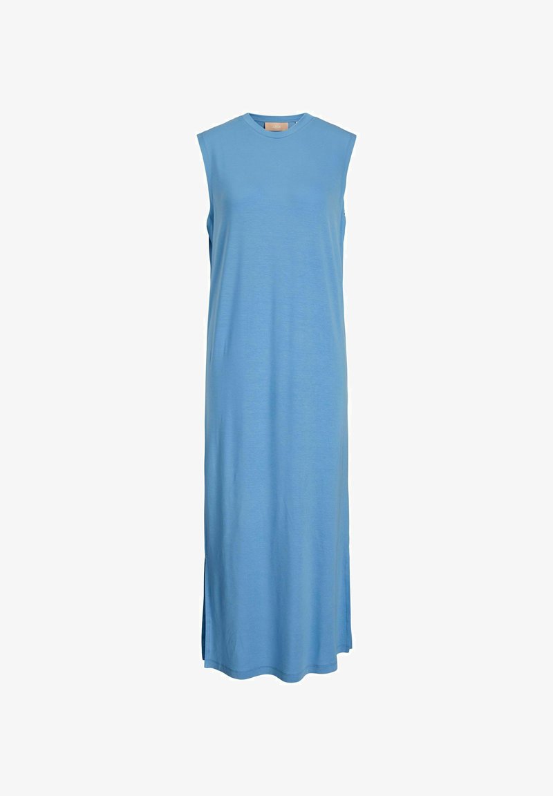 Robe sans manches bleue en tissu doux, dotée d'un col rond, de fentes sur les côtés et d'une coupe décontractée qui arrive au milieu des mollets.