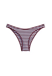 Bordeauxrode en witte bikini-slip met horizontale strepen, gemaakt van een gestructureerde, geribbelde stof en met een lage taille.