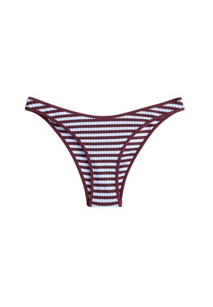 Slip de bikini în dungi orizontale burgundy și alb, din țesătură texturată, cu nervuri, și croială cu talie joasă.