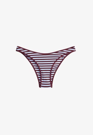 Slip de bikini în dungi orizontale burgundy și alb, din țesătură texturată, cu nervuri, și croială cu talie joasă.