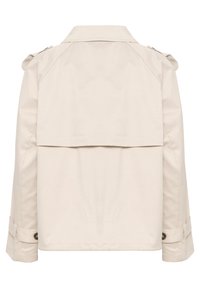 Beige trenčkot s klopou na zádech, dlouhými rukávy a knoflíkovými manžetami. Vyroben z hladké látky, s elegantním a jednoduchým designem.
