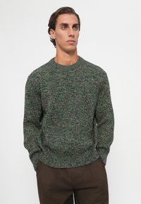 Young man wearing a green and brown textured knit sweater and dark brown pants, standing with hands in pockets against a plain background.