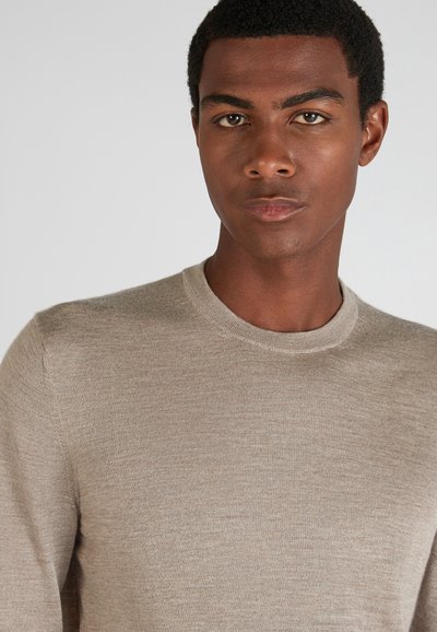 Suéter de cuello redondo beige con una textura suave, mangas largas y un diseño ajustado. Detalles de costura simples complementan el aspecto general.