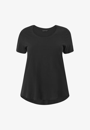 Schwarzes T-Shirt mit kurzen Ärmeln, rundem Ausschnitt, lockerer Passform und geschwungenem Saum. Hergestellt aus weichem Stoff mit glatter Textur.