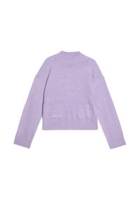 Lavendelfarbenes, kurzes Sweatshirt aus weichem Strick mit hohem Kragen, strukturiertem Finish und zwei vorderen Taschen. Mit gerippten Bündchen und Saum.
