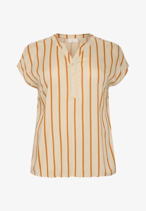 Heledbeez top vertikaalsete oranžide triipudega, lühikeste varrukatega ja klappkaelusega, mis sisaldab nööpide rida. Sile kangastekstuuri.