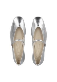 Ballerine metalliche argentate con punta arrotondata, cinturino alla Mary Jane e fodera interna morbida. Caratteristiche: leggere e con una texture liscia.