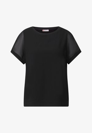 Zwarte korte mouwen top met een ronde hals, gemaakt van gladde stof en voorzien van doorzichtige mouwen voor extra contrast.